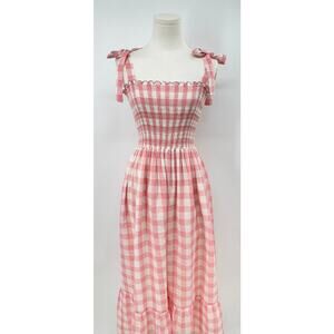 The Great. Lagoon Dress Pink & White Gingham Linen Cotton Smocked Midi S